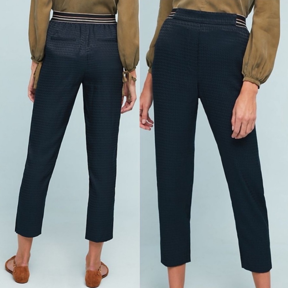Anthropologie Houndstooth Essential Pull On Trouser Pants Satin Navy Blue Retro
